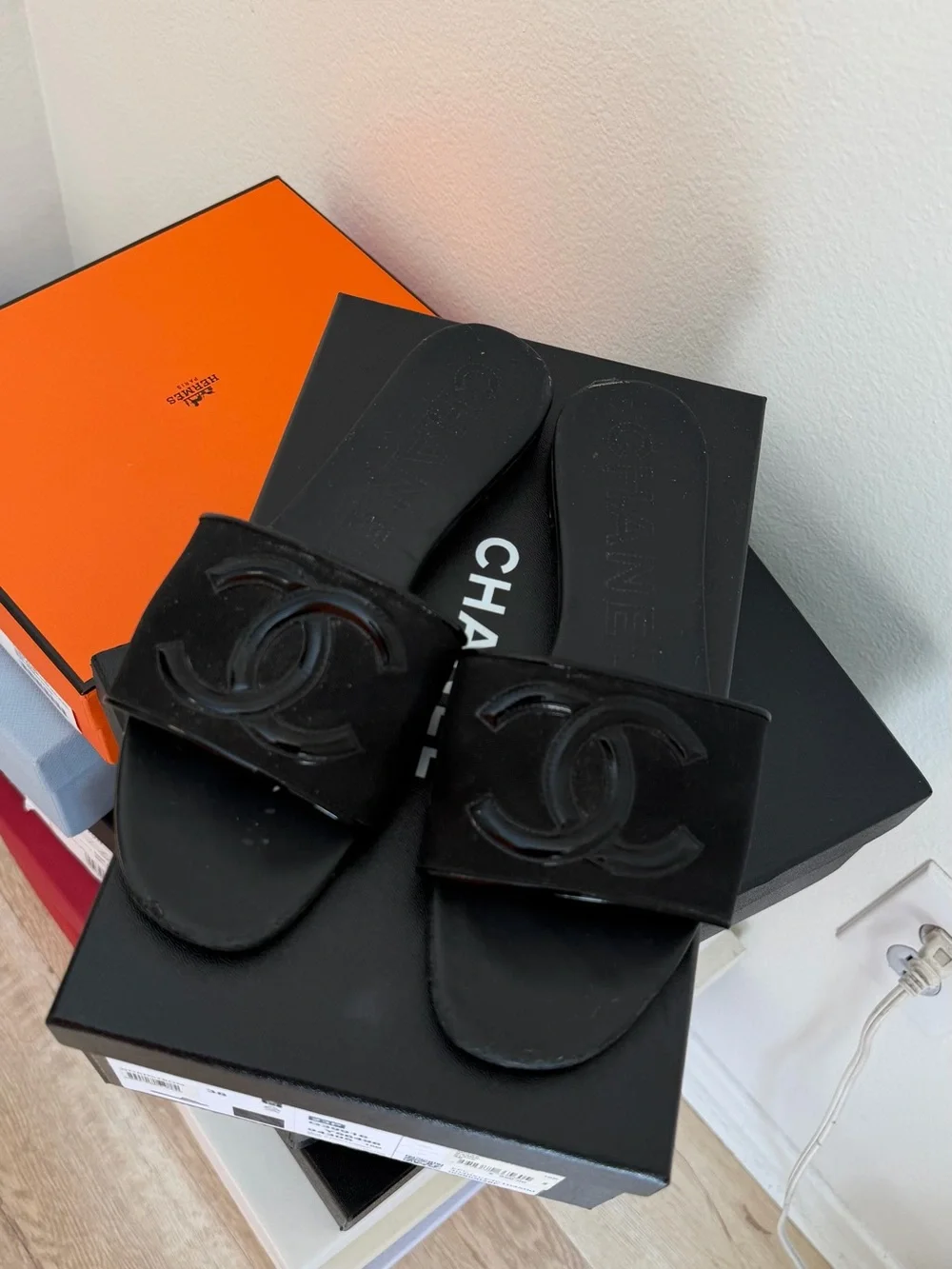 CHANEL Black Slide Sandals with Raised CC Emblem - Picture 6 of 8
